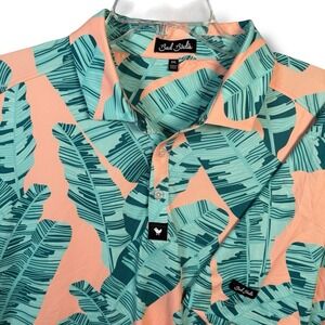 BAD BIRDIE Mens Golf Polo Shirt Peach Blue Steel Palm Leaves Short Sleeve 2XL
